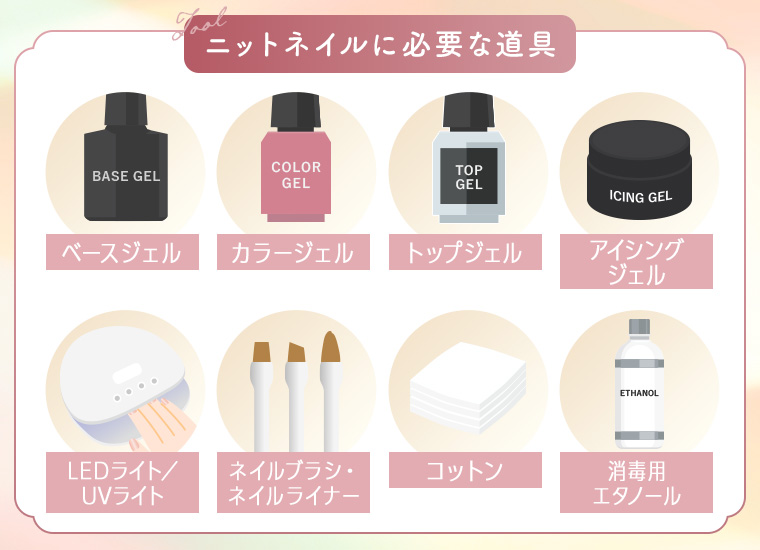 セルフのニットネイルで必要な道具のイラスト